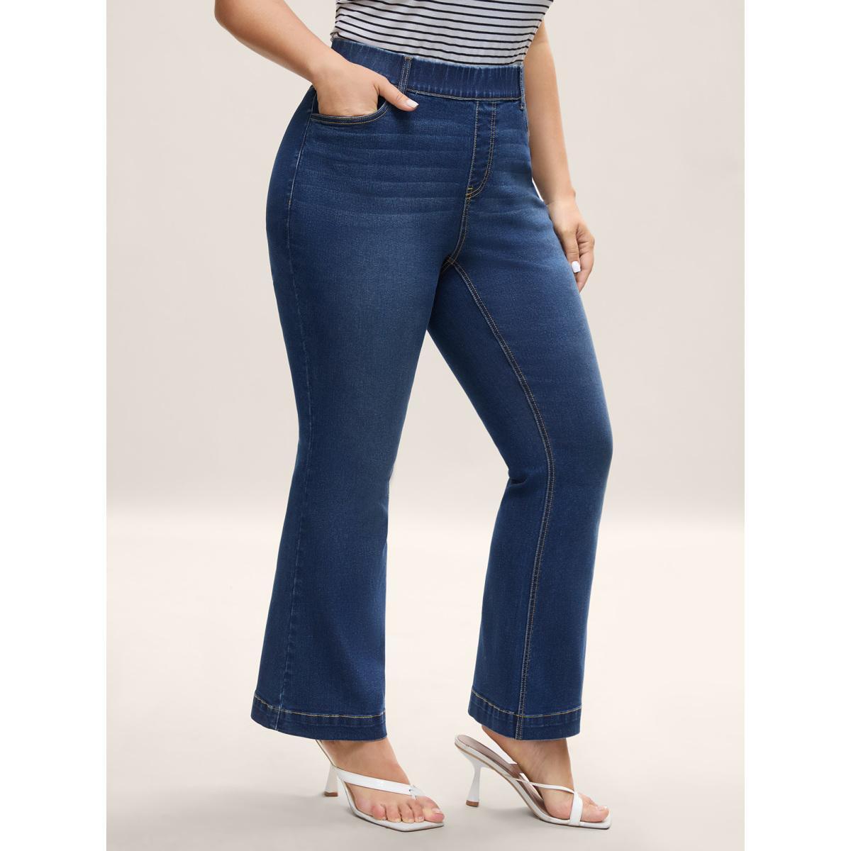 Plus Size Stretchy Waist Whiskered Bootcut Jeans Women Denimindigo Elegant Medium stretch Slanted pocket Jeans BloomChic 28/5X Product Image