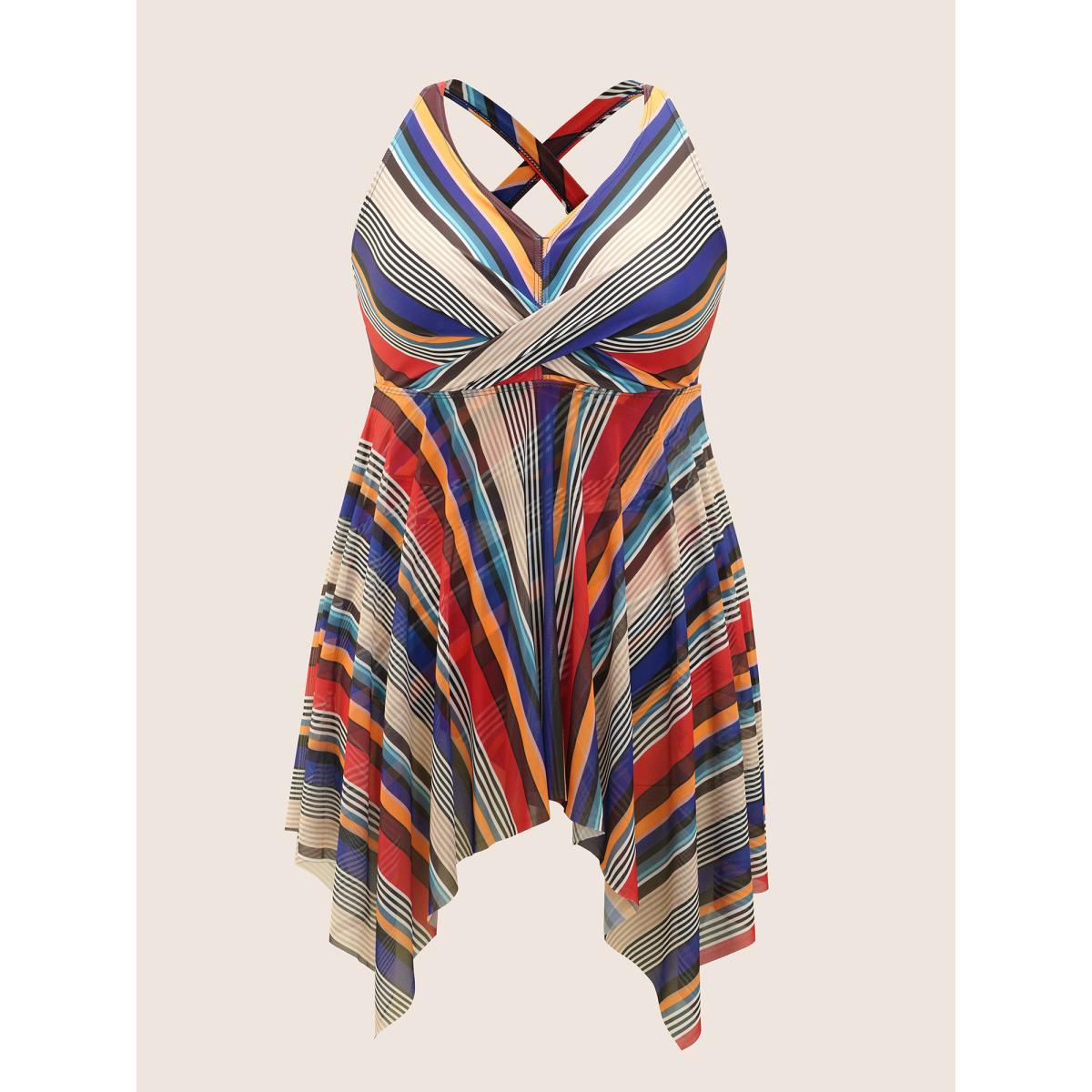 Plus Size Color Stripes Twist Hanky Hem Swim Dress Women's Swimwear Multicolor Beach Bodycon V-neck High stretch Curve Swim Dresses BloomChic 22-24/3X Product Image