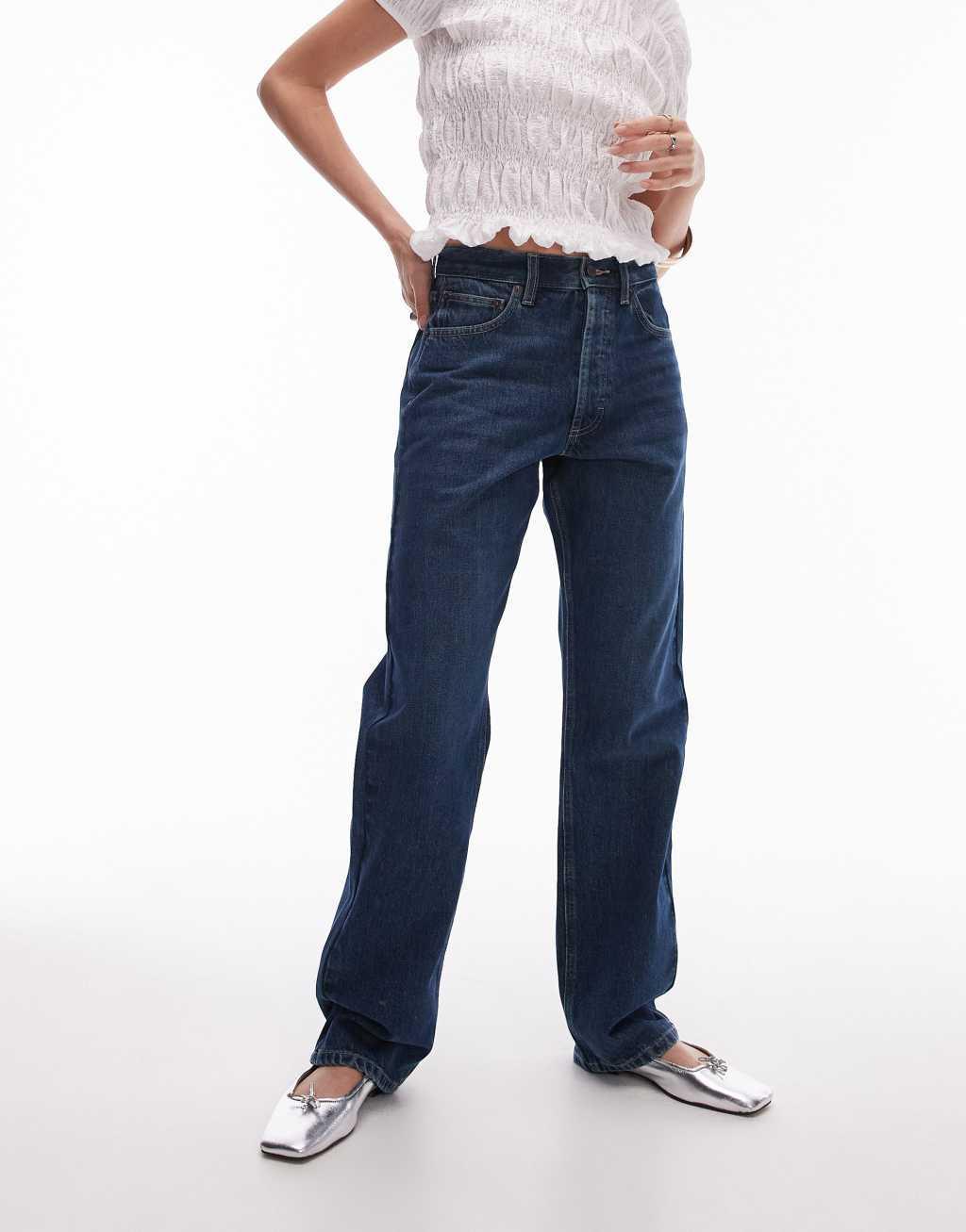 Topshop Kort high rise straight jean in tinted dark blue Product Image