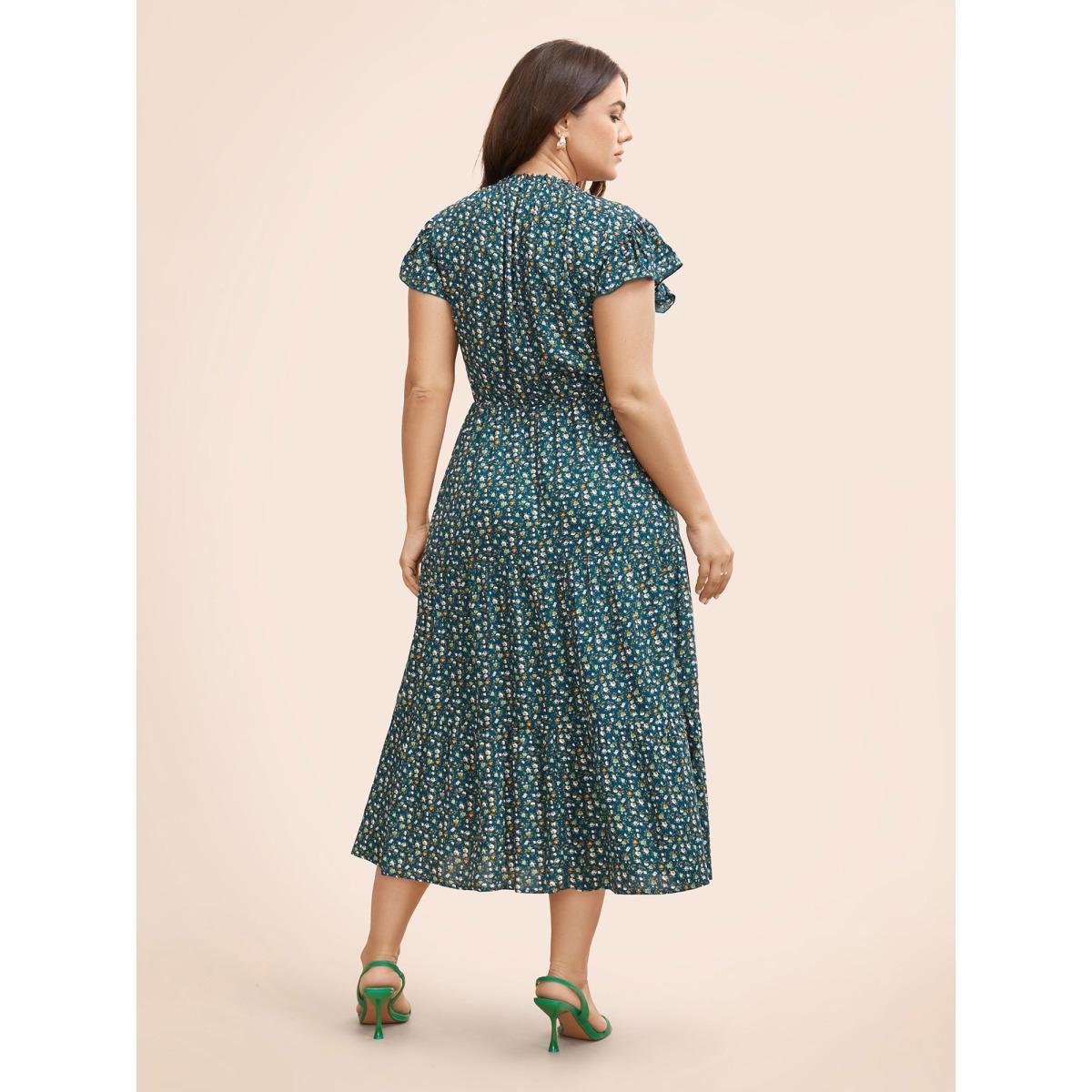 Plus Size Ditsy Floral Ruffle Cap Sleeve Dress Aegean Women Elegant Frill Trim Mock Neck Cap Sleeve Curvy BloomChic 14-16/1X Product Image