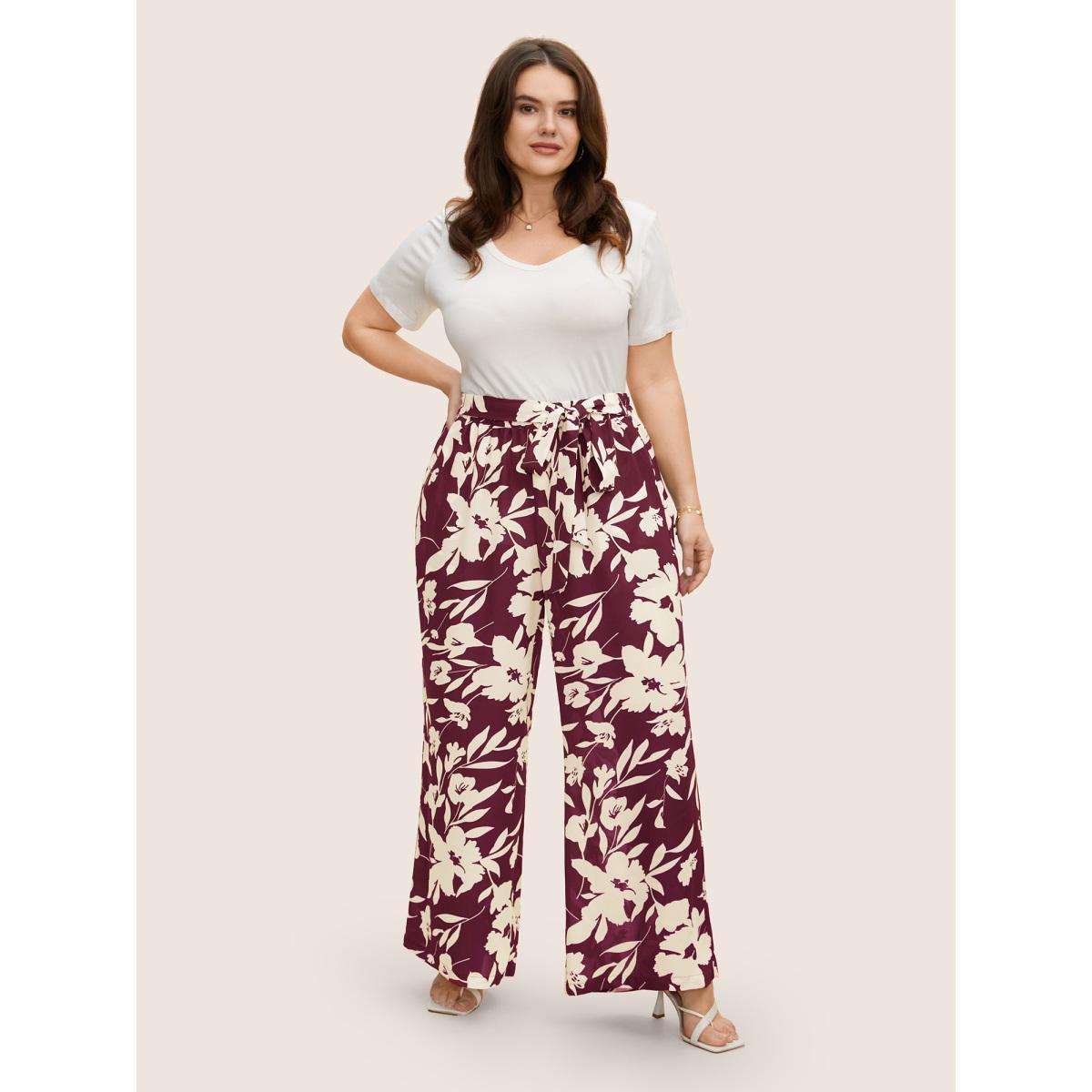 Plus Size Silhouette Floral Print Ties Side Seam Pocket Pants Women Scarlet Elegant Wide Leg High Rise Everyday Pants BloomChic 12/L Product Image