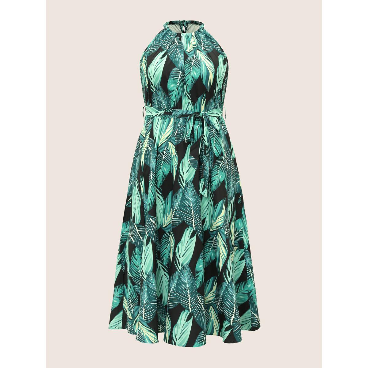 Plus Size Tropical Print Knotted Pocket Ruffles Belted Halter Dress Black Women Resort Non Halter neck Sleeveless Curvy Midi Dress BloomChic 18-20/2X Product Image