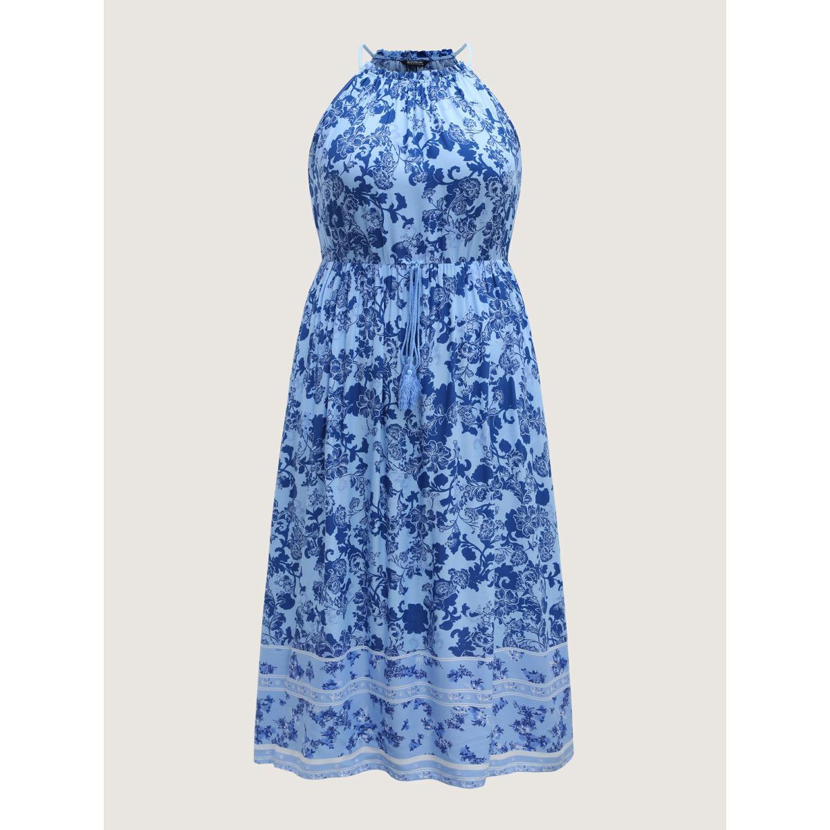 Plus Size Rayon Braided Shoulder Straps Floral Midi Dress Stone Women Round Neck Sleeveless Curvy BloomChic 14-16/1X Product Image