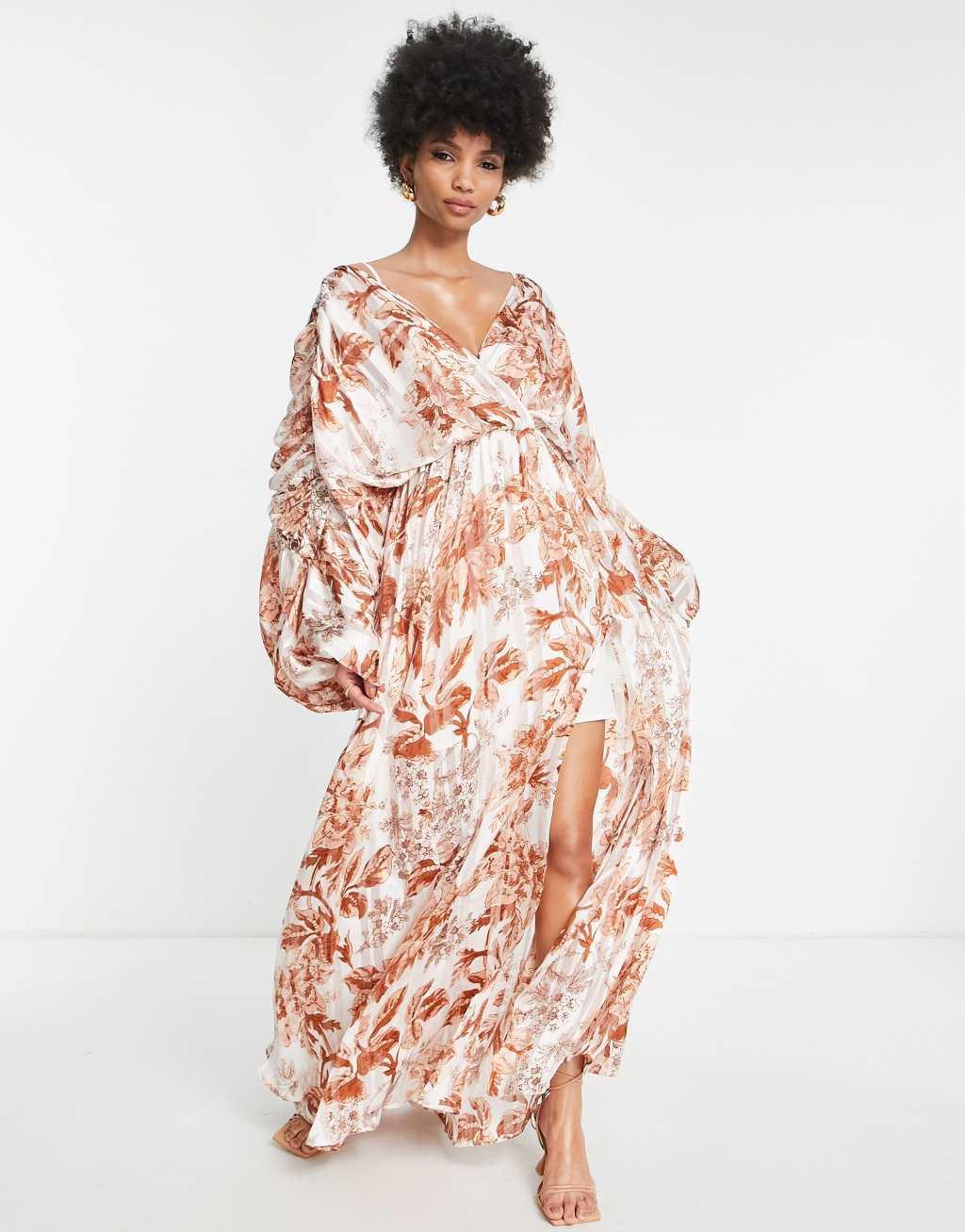 ASOS DESIGN Tall satin stripe blouson maxi dress with ring detail Product Image