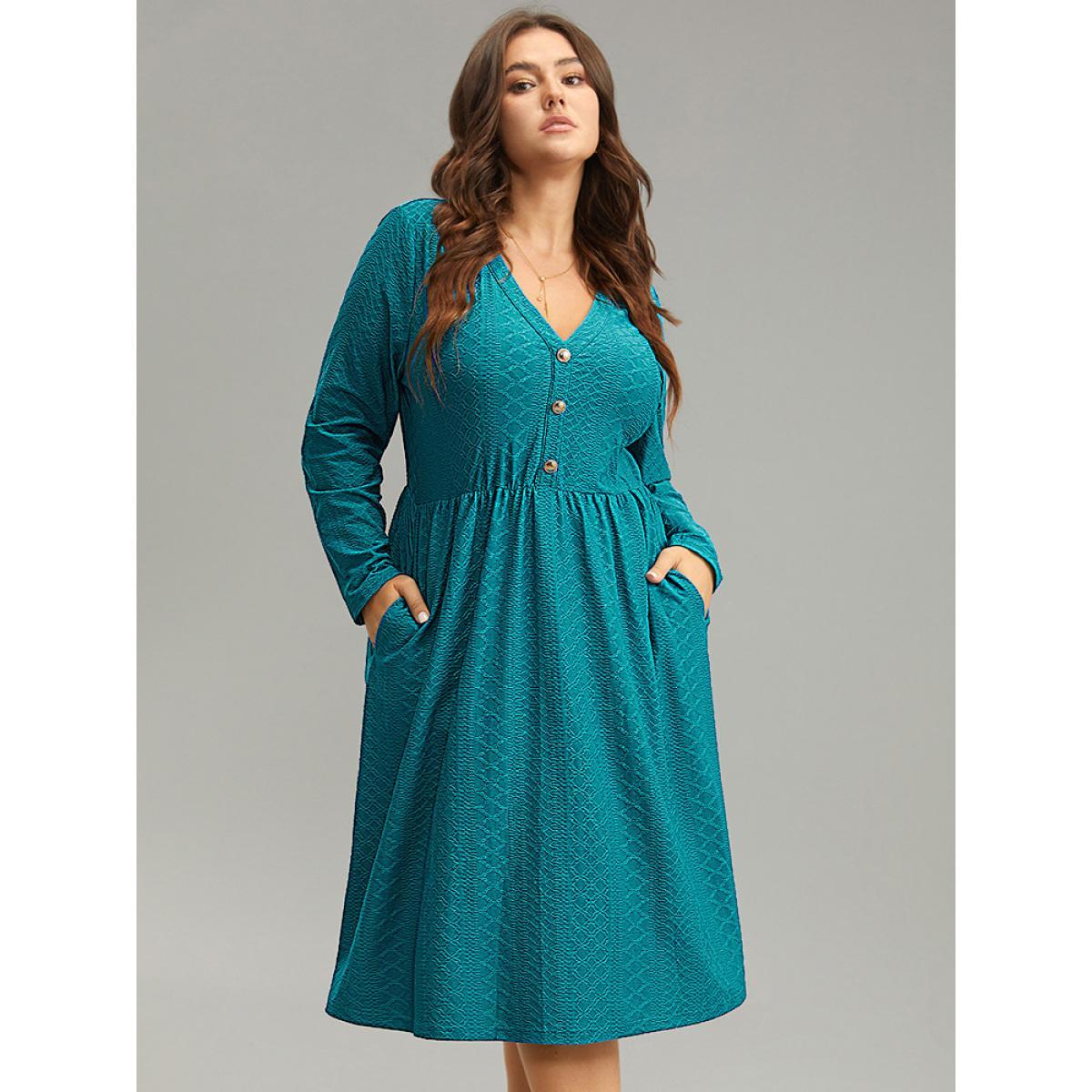 Plus Size Plain Textured Metal Detail V Neck Dress Cerulean Women Office Texture V-neck Long Sleeve Curvy Midi Dress BloomChic 12/L Product Image