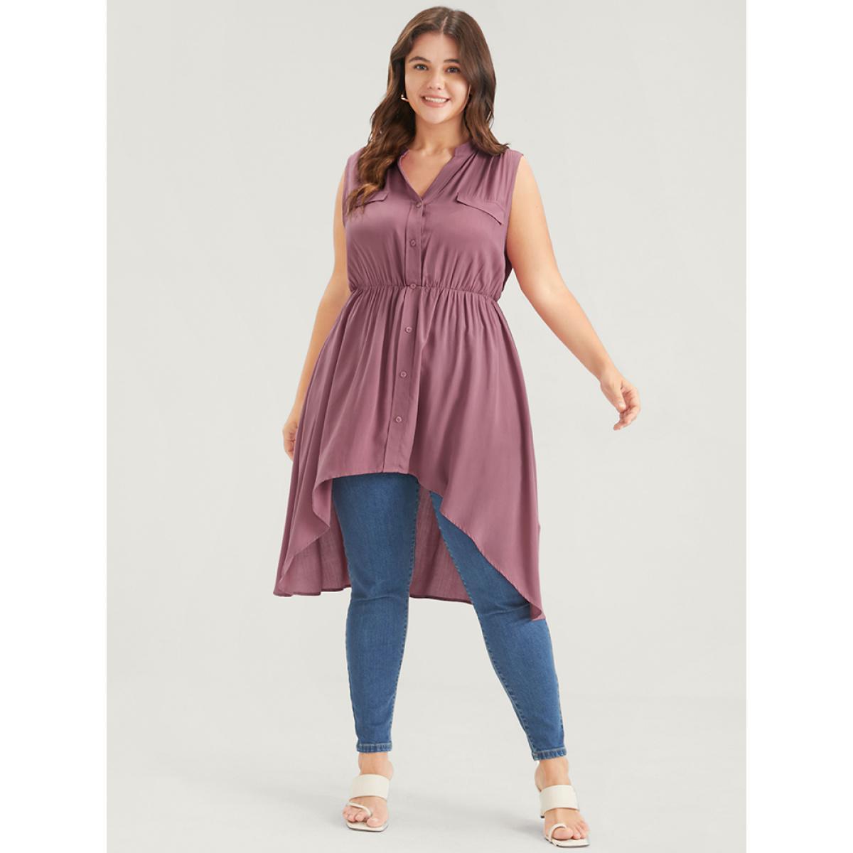 Plus Size DustyPink Solid Gathered Button High Low Hem Fake Pocket Tank Top Women Elegant Sleeveless V-neck Dailywear Blouses BloomChic 18-20/2X Product Image