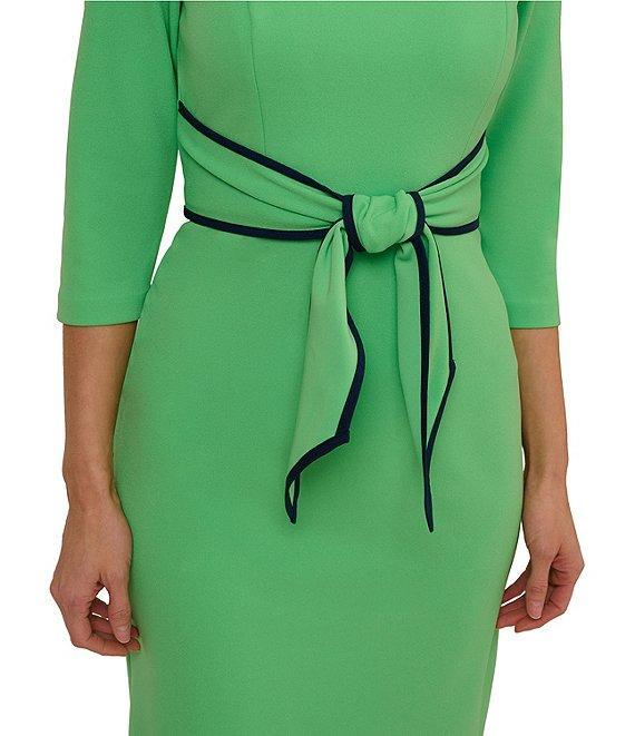 Adrianna Papell Contrasting Trim Boat Neck 3/4 Sleeve Tie Waist Crepe Sheath Dress Product Image