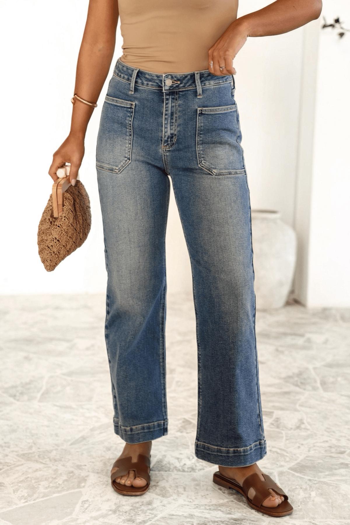 Medium Wash High Rise Wide Leg Jeans Product Image