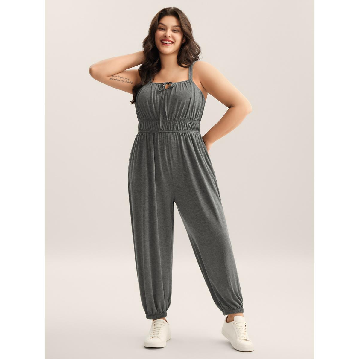 Plus Size DimGray Stretchy Pleated Straps Pockets Jumpsuit Women Sleeveless Non Everyday-Casual Loose Jumpsuits BloomChic 22-24/3X Product Image