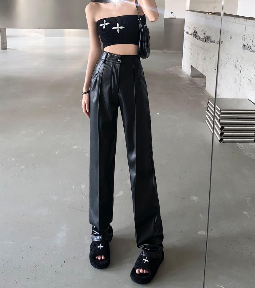 High Rise Faux Leather Straight Leg Pants Product Image