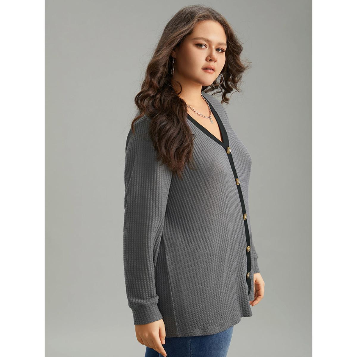 Plus Size Waffle Knit Button Detail Contrast Trim T-shirt Gray Women Casual Waffle Knit Plain Open Front Dailywear T-shirts BloomChic 12/L Product Image