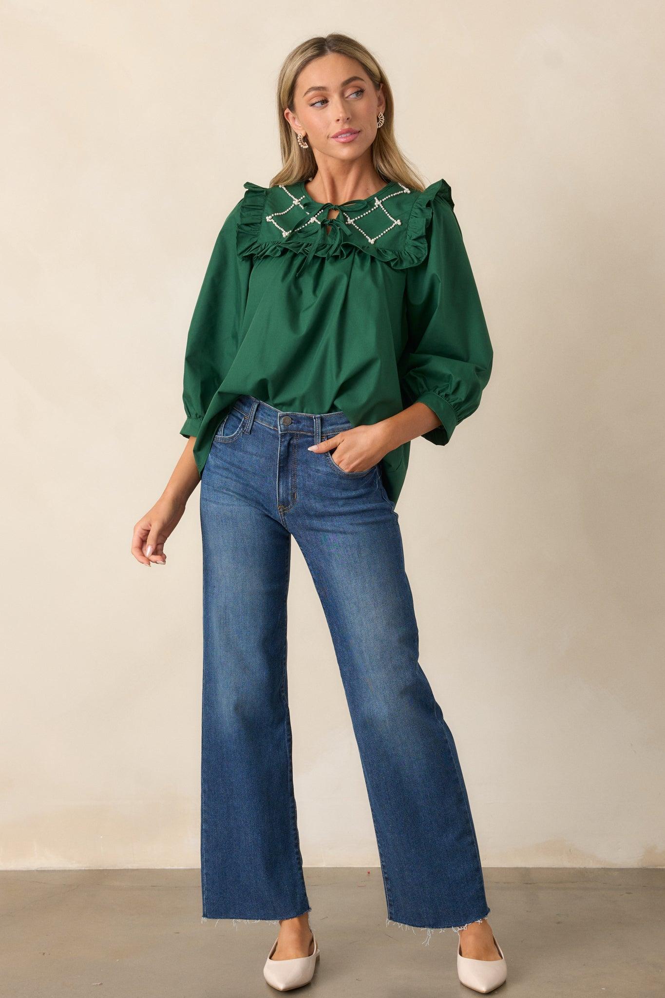 It Happens Hunter Green Ruffle Puff Sleeve Top Product Image
