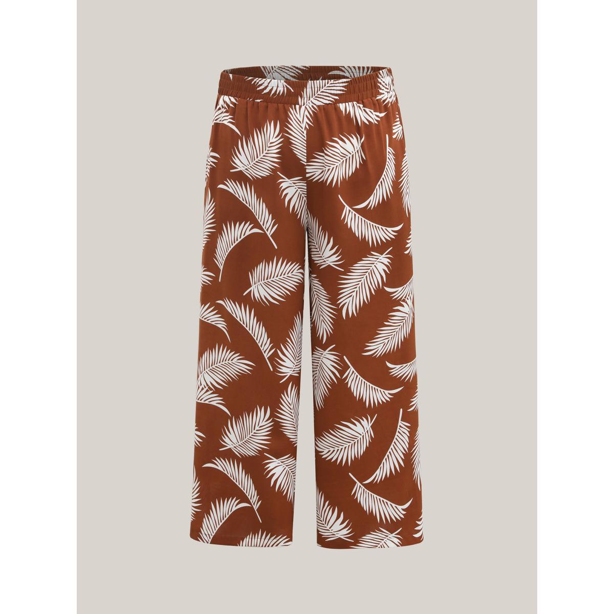 Plus Size Leafy Print Stretchy Waist Wide-Leg Pants Women Rust Resort Wide Leg Mid Rise Vacation Pants BloomChic 28/5X Product Image