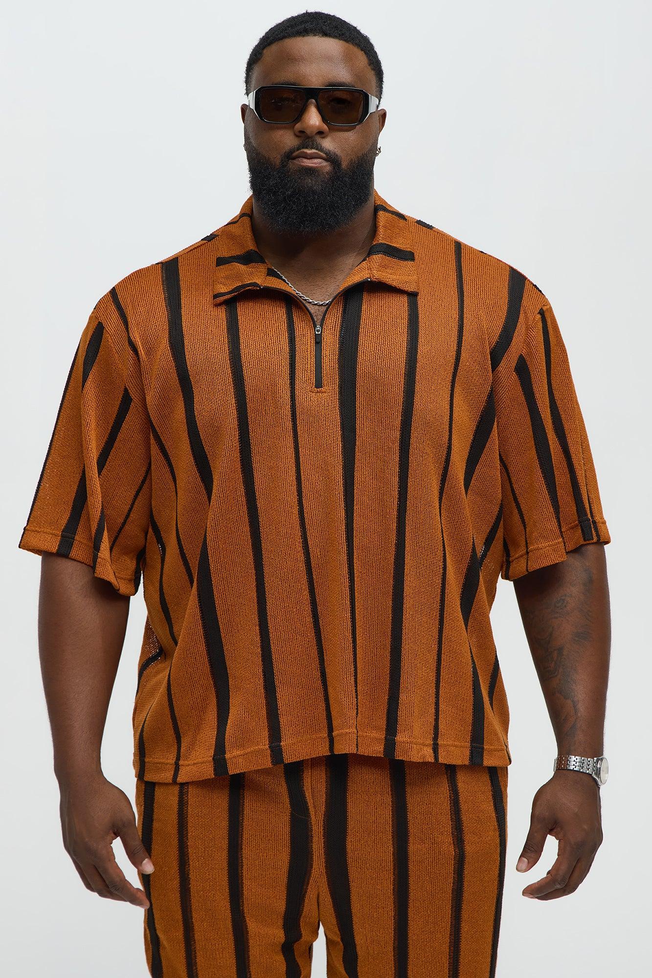 Open Knit Striped Textured Quarter Zip Polo - Brown Product Image