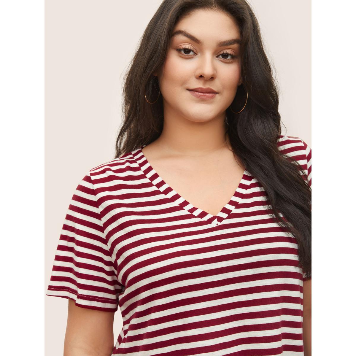 Plus Size Cotton Contrast Striped V Neck T-shirt Scarlet Women Casual Contrast Striped V-neck Everyday T-shirts BloomChic 26/4X Product Image