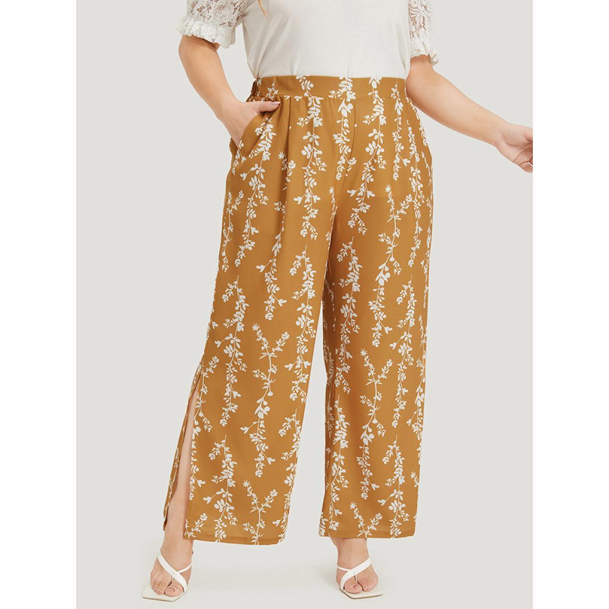 Plus Size Silhouette Floral Print Pocket Split Side Pants Women Yellow Elegant Straight Leg High Rise Dailywear Pants BloomChic 12/L Product Image