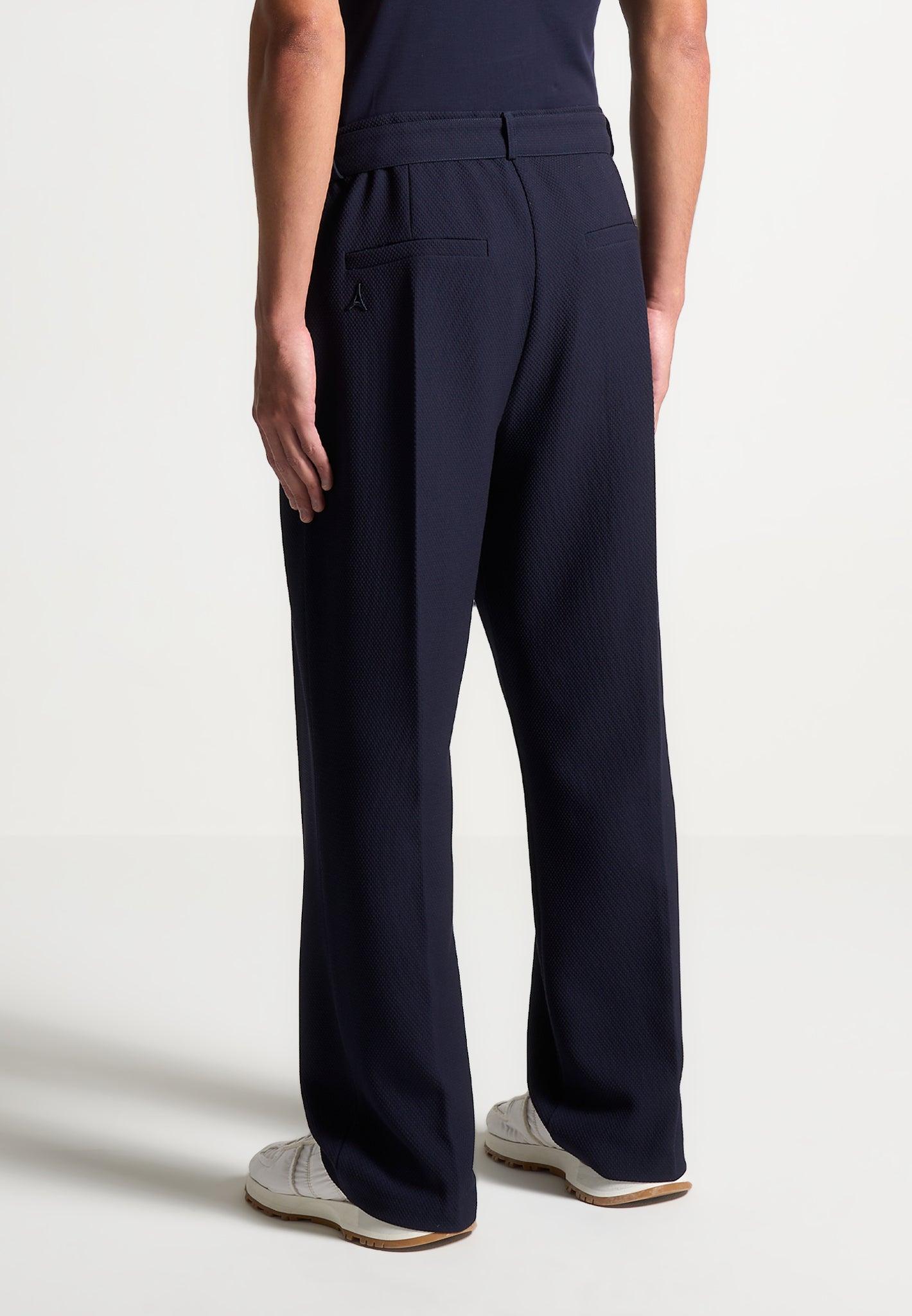 Relaxed Fit Textured Belted Tailored Trousers - Navy Male Product Image