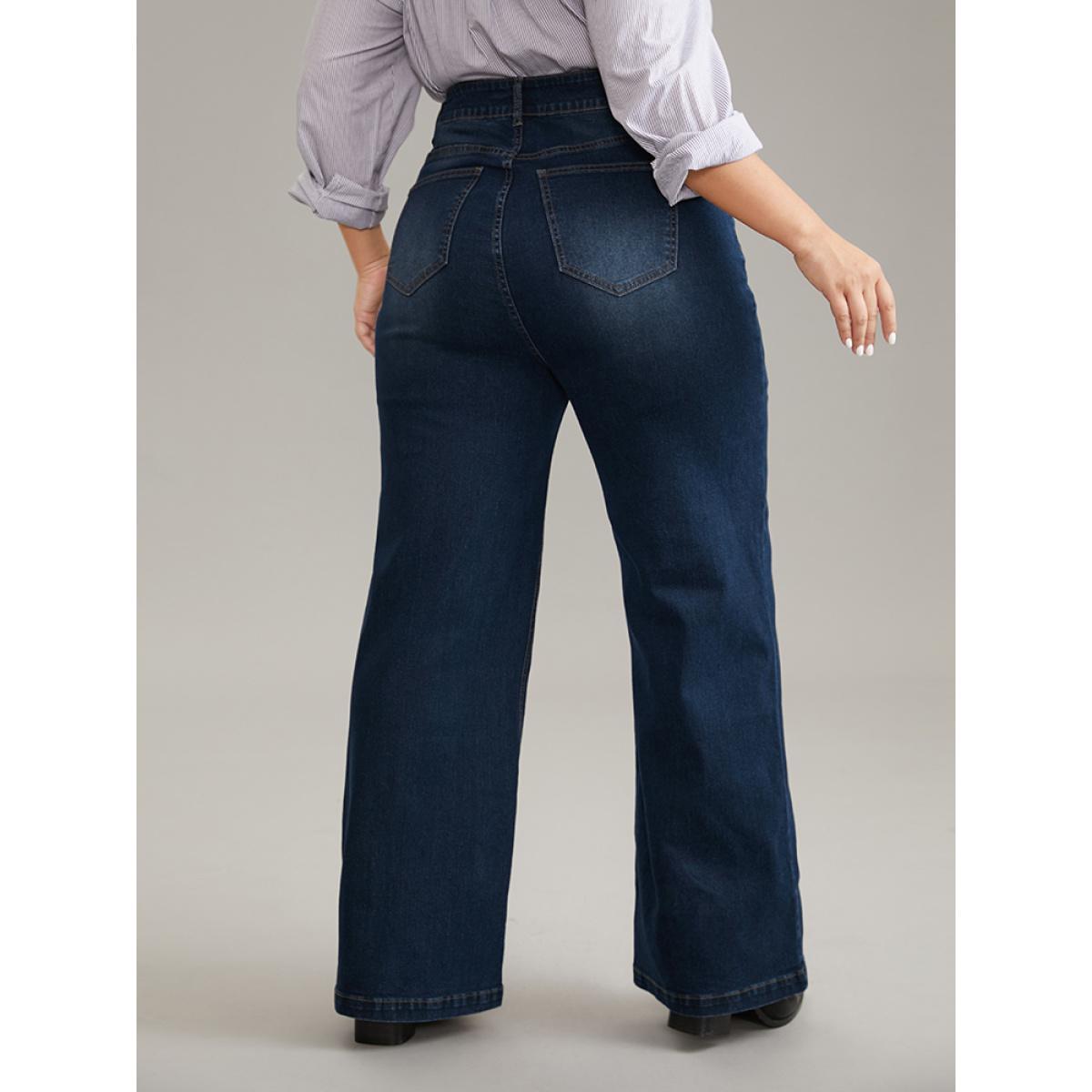 Plus Size Vintage Dark Wash Wide Leg Jeans Women Midnight Casual Plain Plain High stretch Pocket Jeans BloomChic 30/6X Product Image