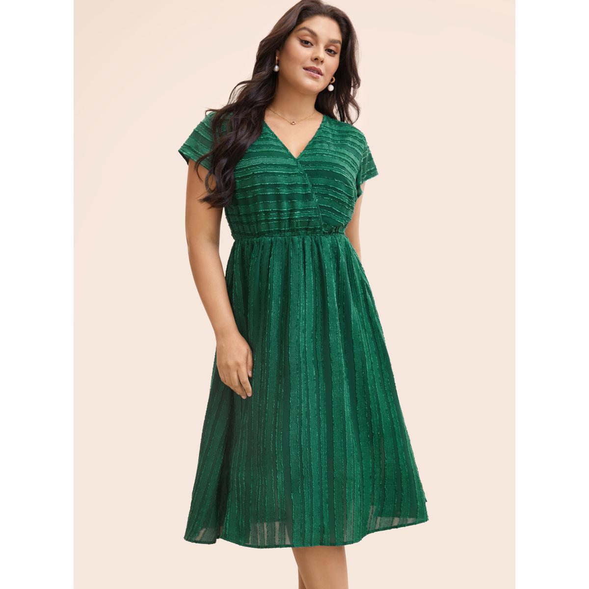 Plus Size Overlap Collar Plain Textured Midi Dress DarkGreen Women Elegant Texture Overlap Collar Cap Sleeve Curvy BloomChic 26/4X Product Image