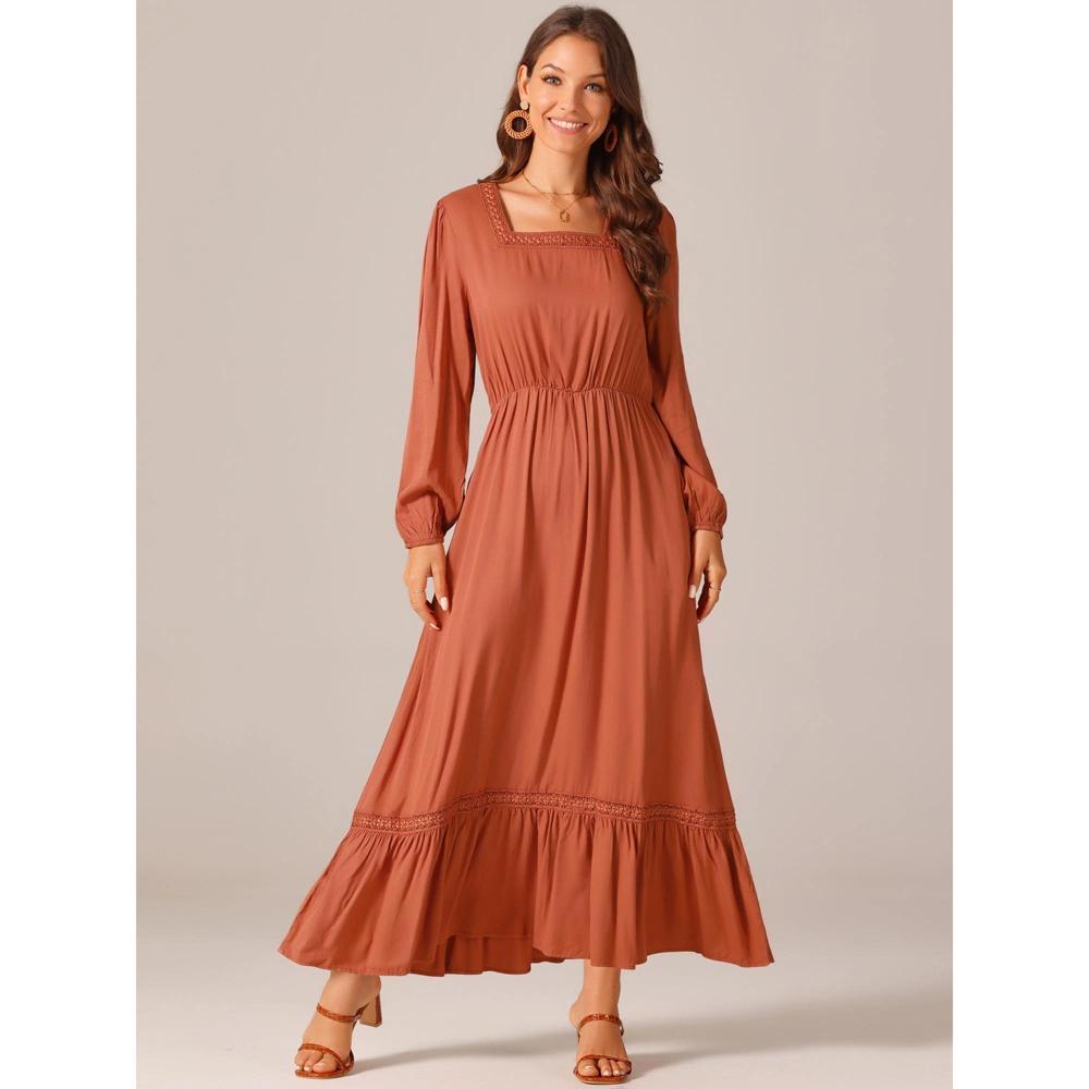 Seta T Women's Boho Long Sleeve Square Neck Elastic High Waist A-Line Maxi Dress with Pockets Product Image