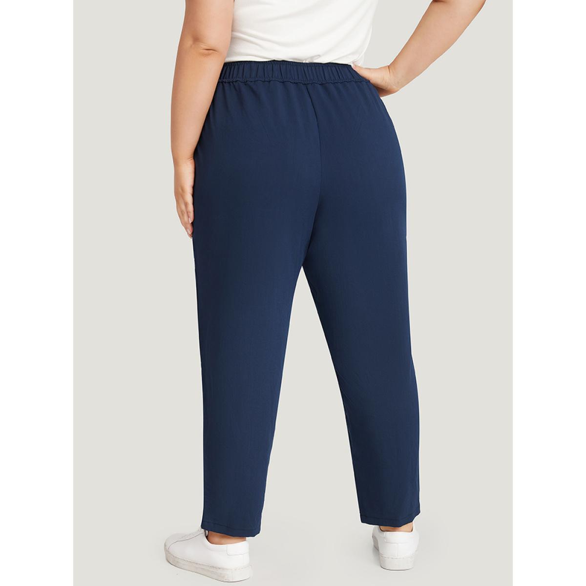 Plus Size Solid Elastic Waist Pocket High Rise Pants Women Indigo Casual High Rise Dailywear Pants BloomChic 28/5X Product Image
