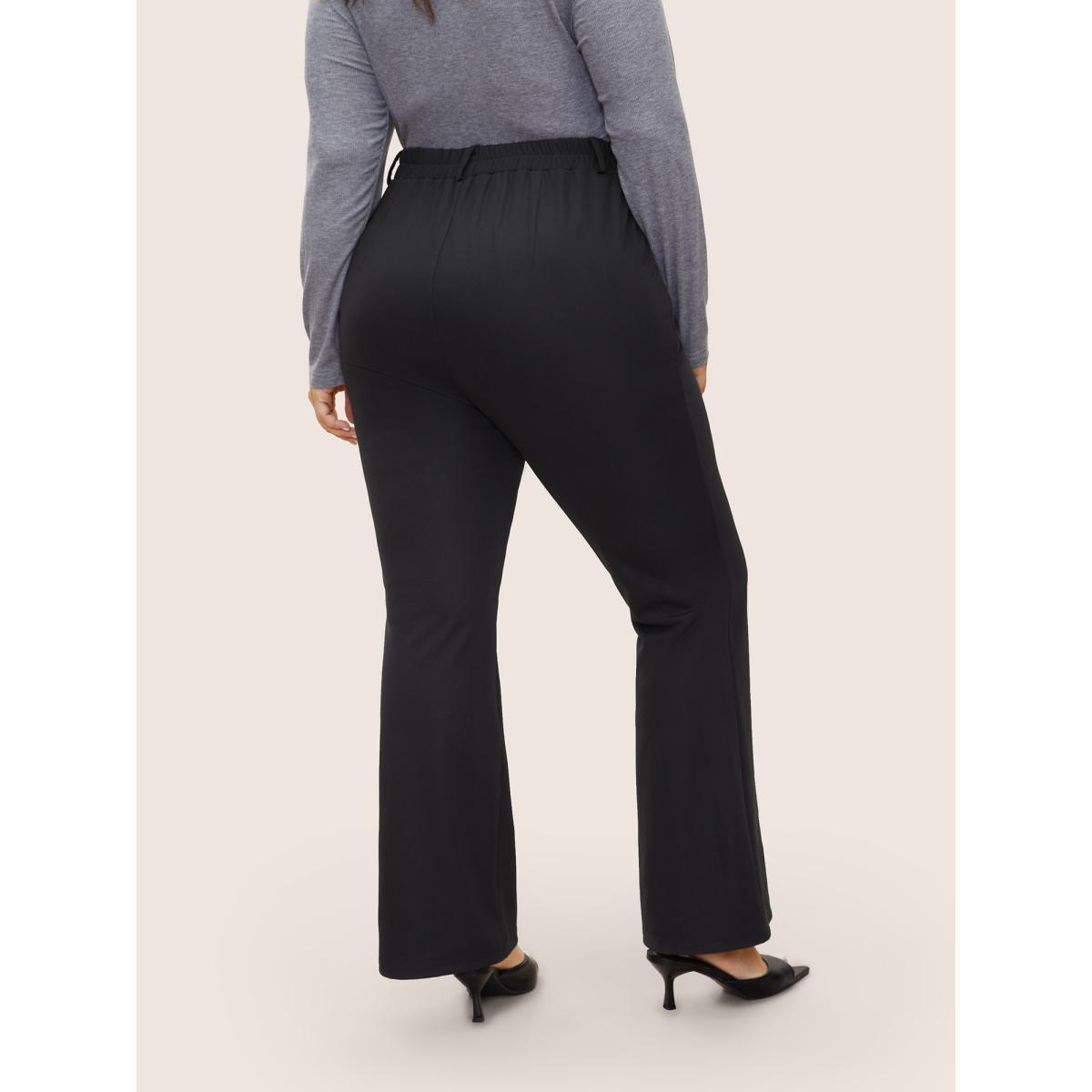 Plus Size Solid High Rise Elastic Waist Flare Leg Pants Women Black At the Office Flare Leg High Rise Work Pants BloomChic 26/4X Product Image