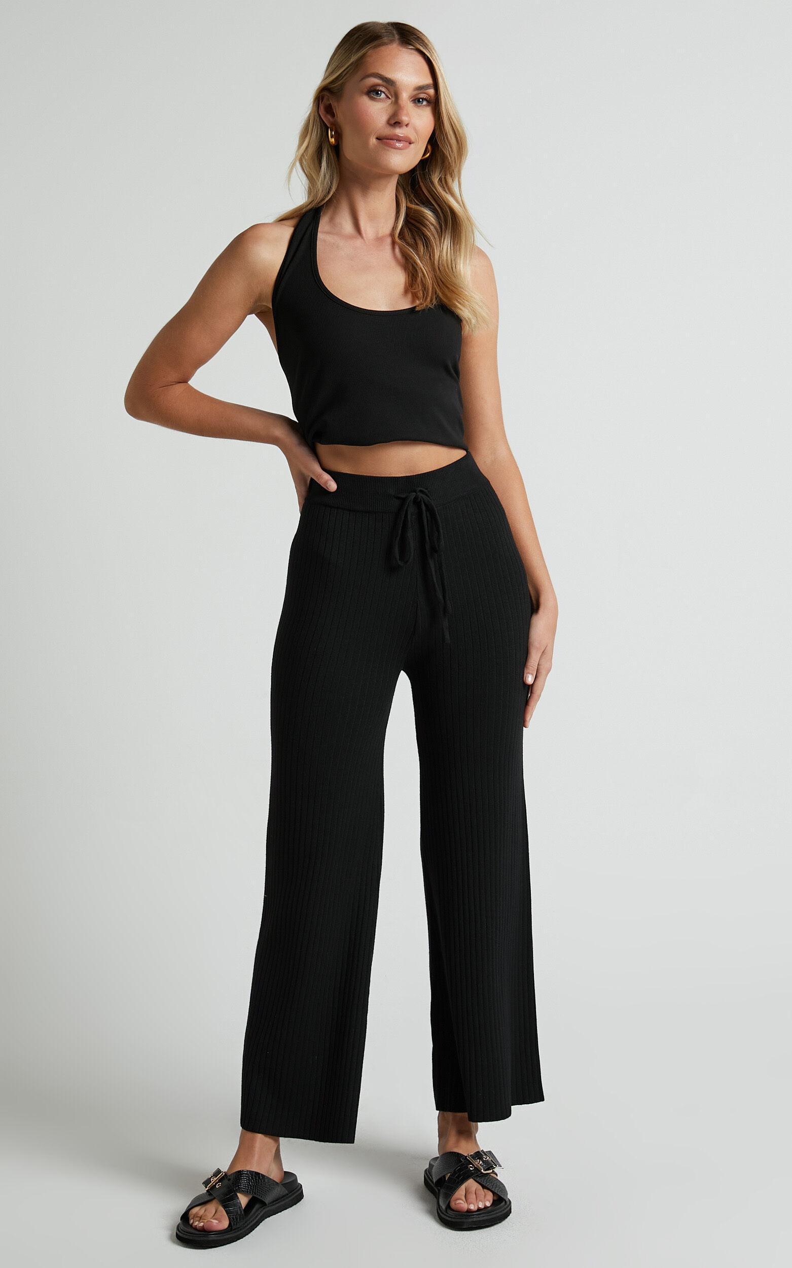 Motto Pants - High Waisted 7/8 Length Ribbed Knit Pants in Black Product Image