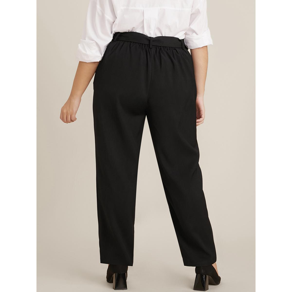Plus Size Solid Mid Rise Pocket Belted Pants Women Black Office Mid Rise Work Pants BloomChic 10/M Product Image