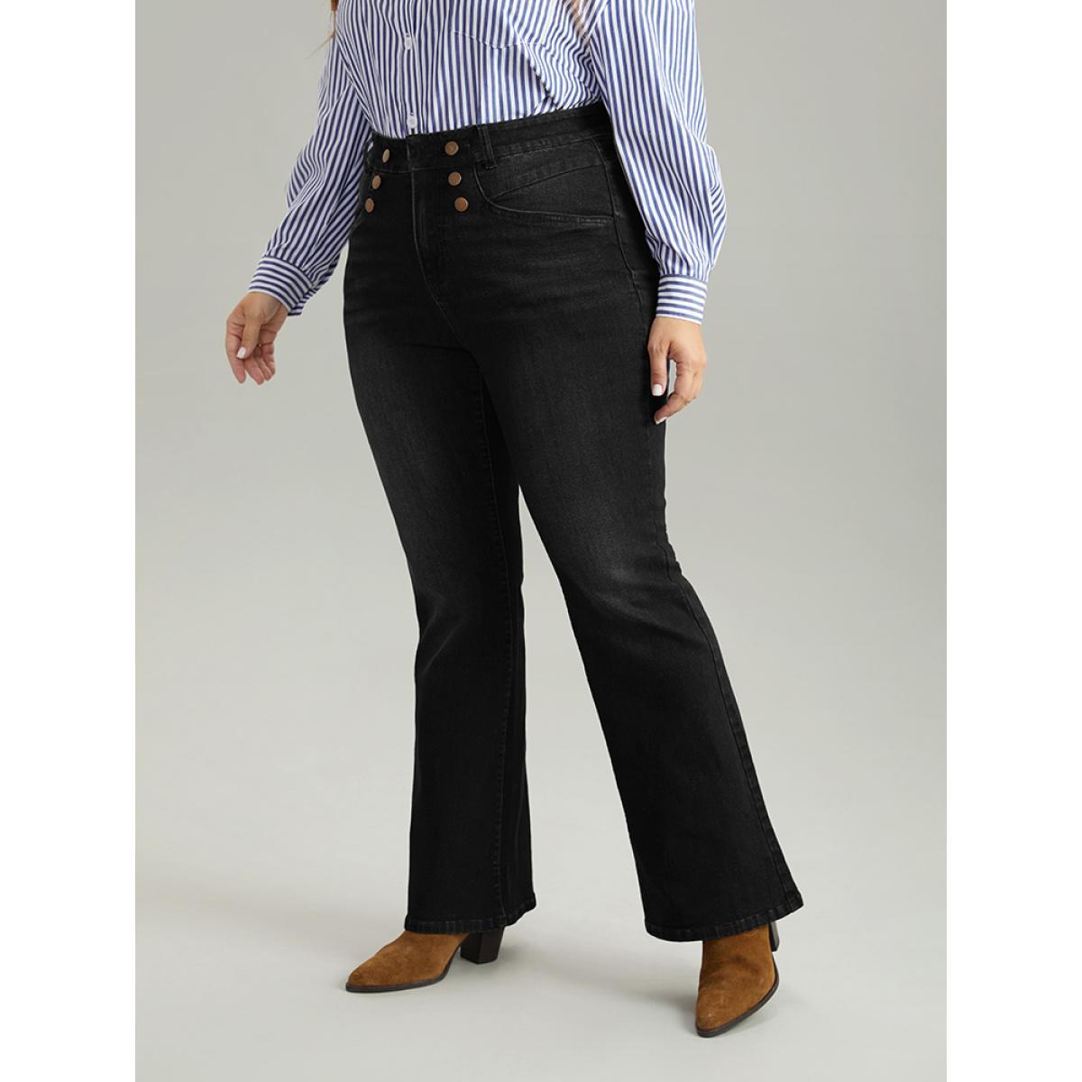 Plus Size Flare Leg Button Detail High Rise Jeans Women Black Casual Plain Non High stretch Slanted pocket Jeans BloomChic 14/1X Product Image