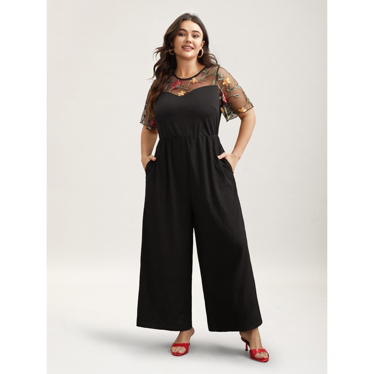 Plus Size Black Floral Mesh Embroidered Flared Jumpsuit Women Elegant Short sleeve Round Neck Everyday-Elegant Loose Jumpsuits BloomChic 28/5X Product Image