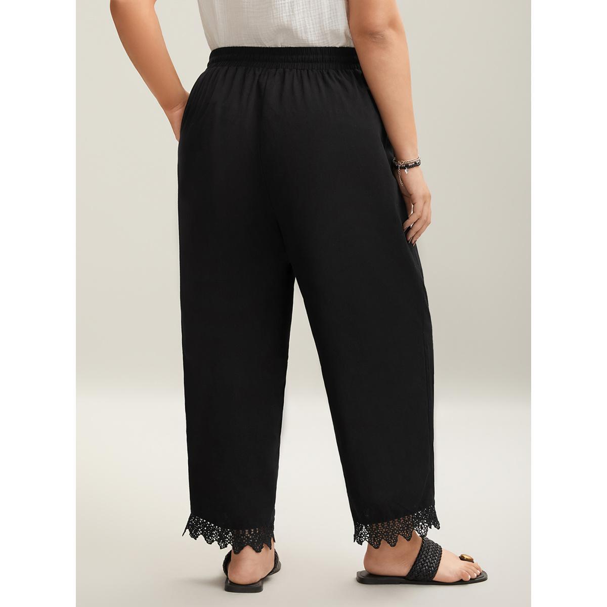 Plus Size Drawstring Scalloped Lace Hem Pants Women Black Casual Straight Leg Mid Rise Everyday Pants BloomChic 14-16/1X Product Image