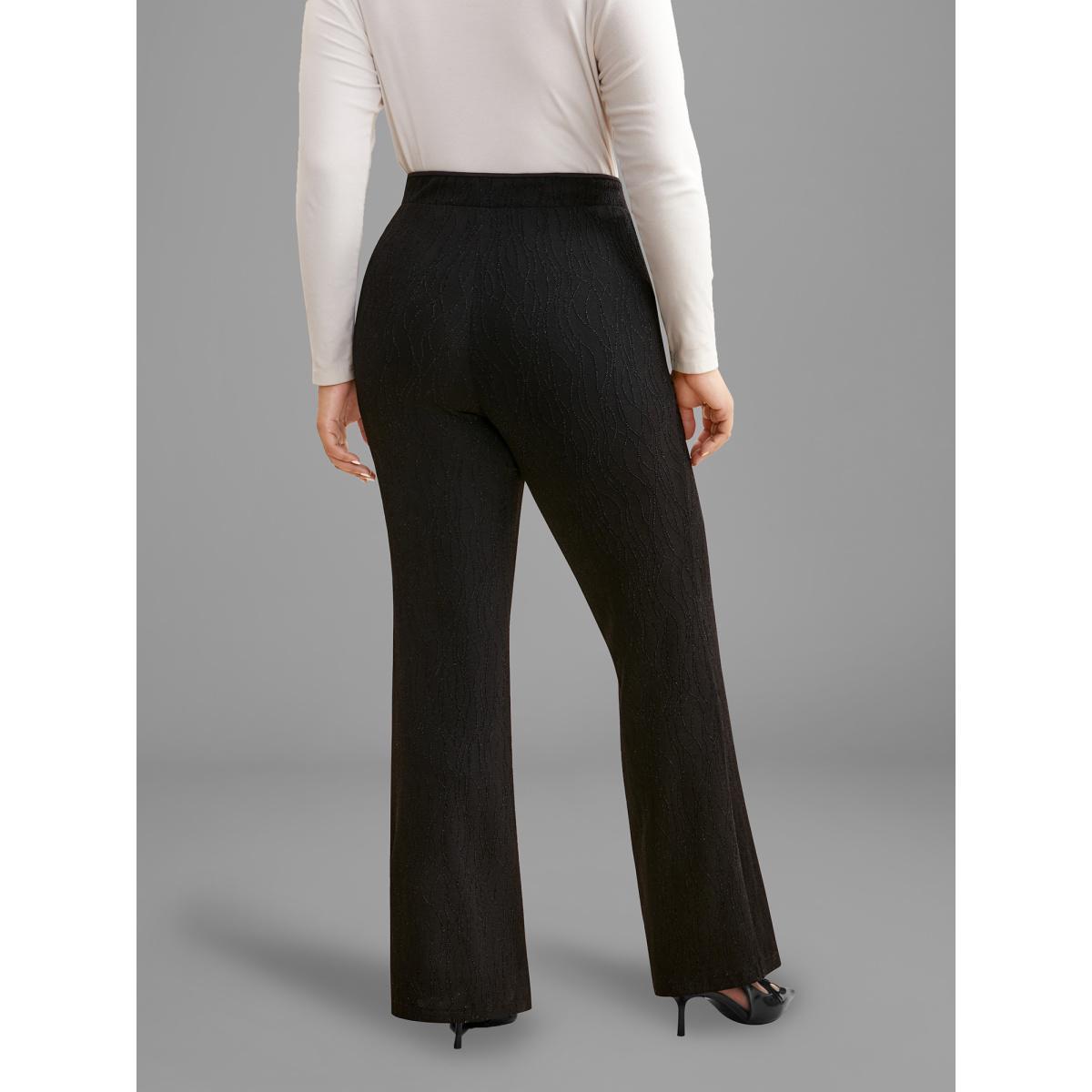 Plus Size Metallic Shimmer Stretchy Flare Pants Women Black Formal Medium stretch Bootcut Mid Rise Party Leggings BloomChic 12/L Product Image