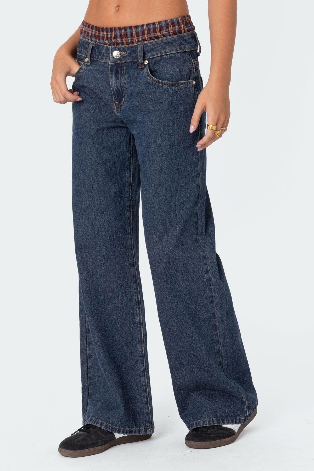 Plaid Boxer Detail Relaxed Jeans Product Image