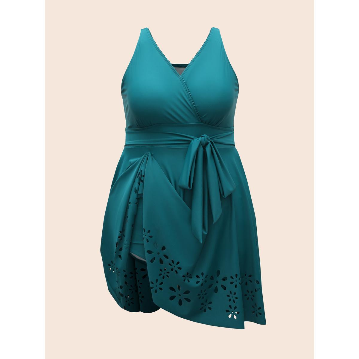 Plus Size Surplice Neck Belted Laser Cut Swim Dress Women's Swimwear Teal Beach Bodycon Overlap Collar High stretch Curve Swim Dresses BloomChic 14-16/1X Product Image