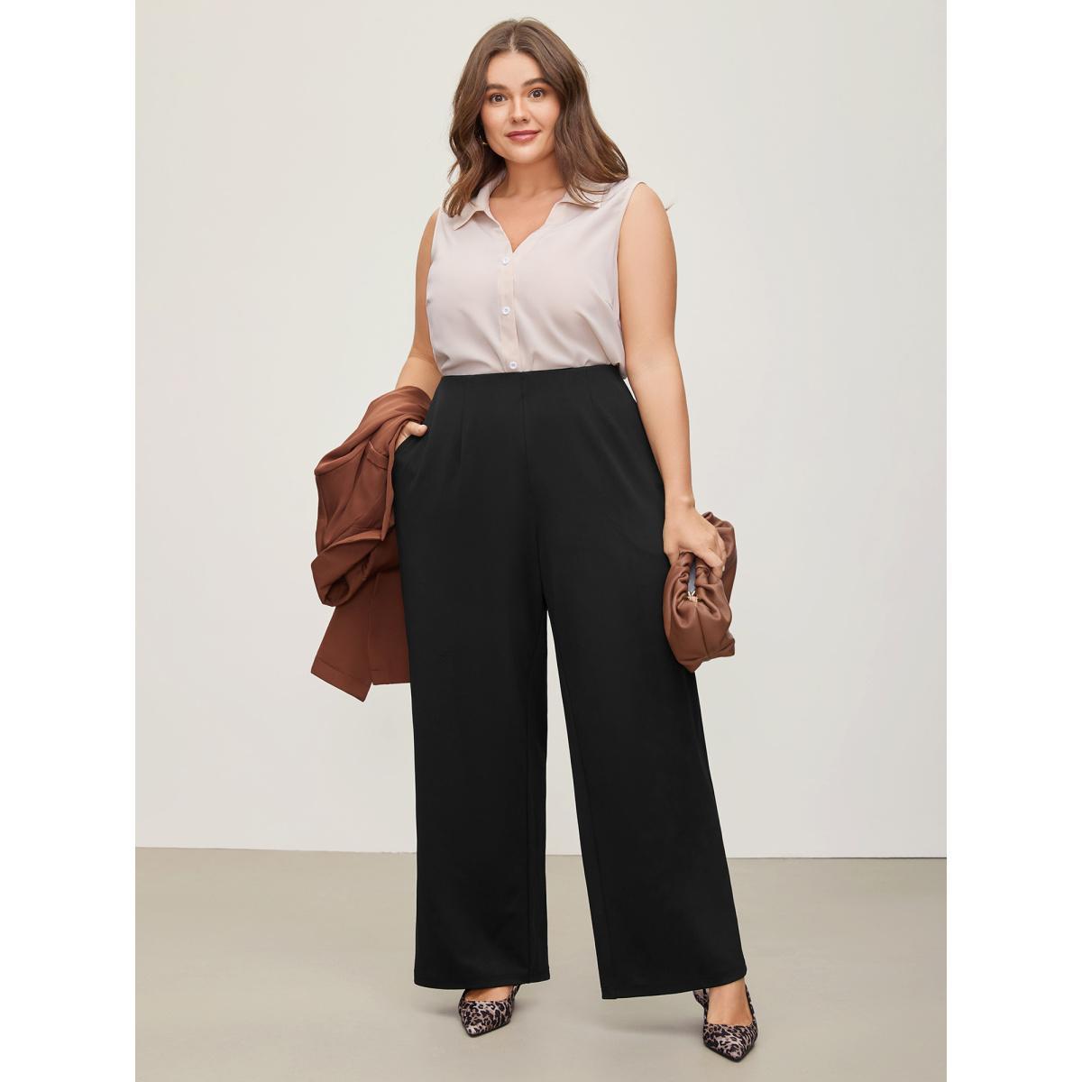 Plus Size Solid Elastic Waist Pleated Wide Leg Pants Women Black At the Office Wide Leg Mid Rise Work Pants BloomChic 10/M Product Image