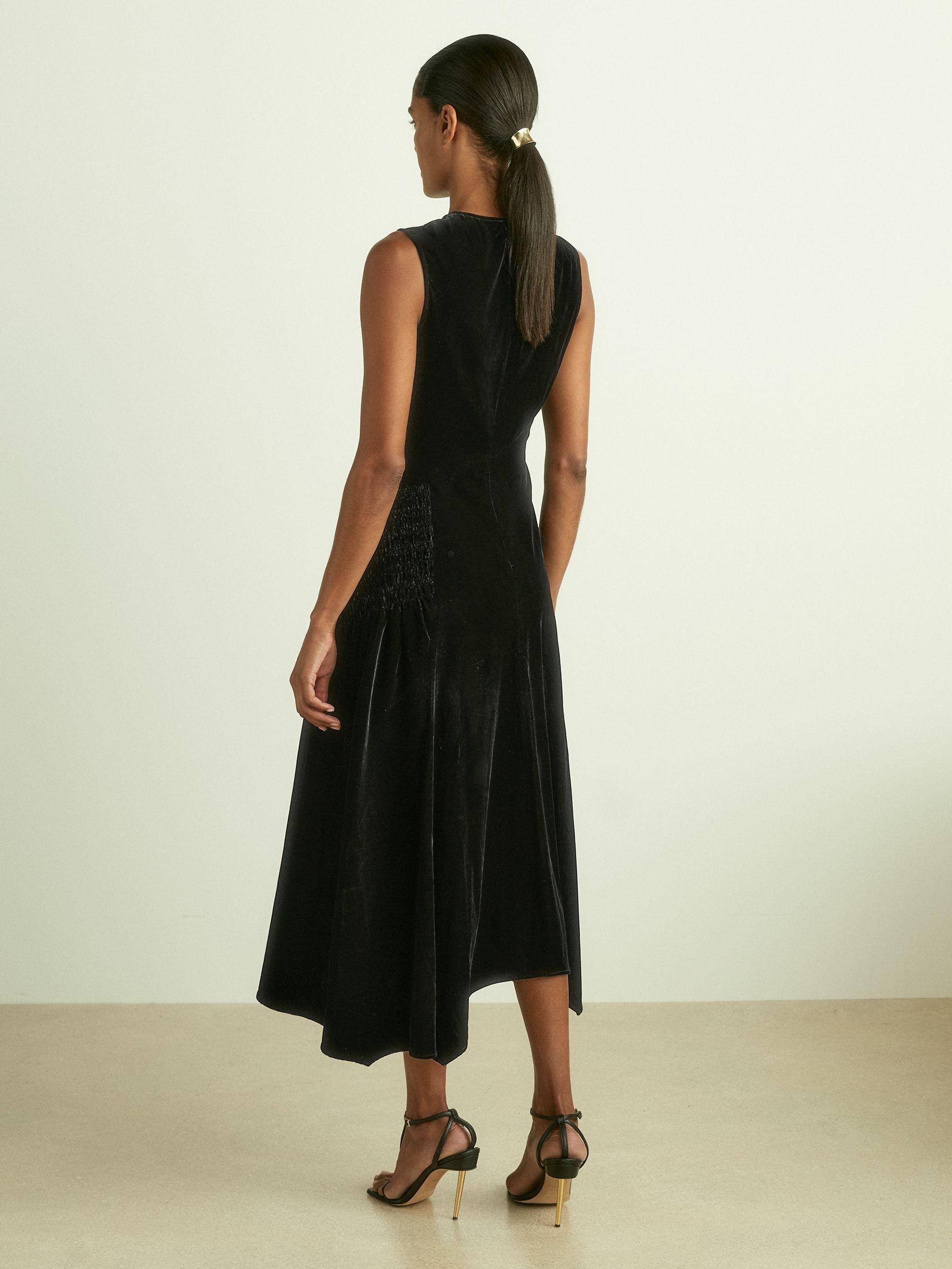 Velvet Shirred Panel Midi Dress in Black Product Image