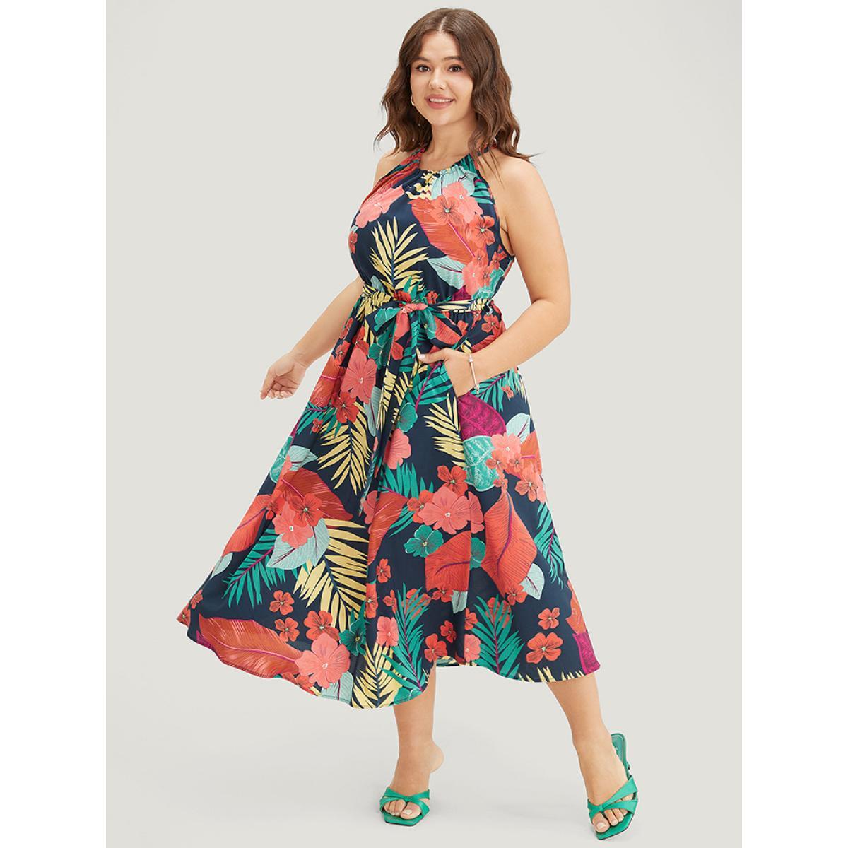Plus Size Tropical Print Ruffle Hem Pocket Belt Knotted Halter Dress DarkBlue Women Vacation Cross straps Halter neck Sleeveless Curvy Midi Dress BloomChic 14-16/1X Product Image