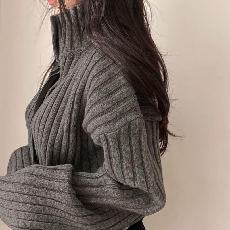 Stand Collar Plain Ribbed Cardigan Product Image