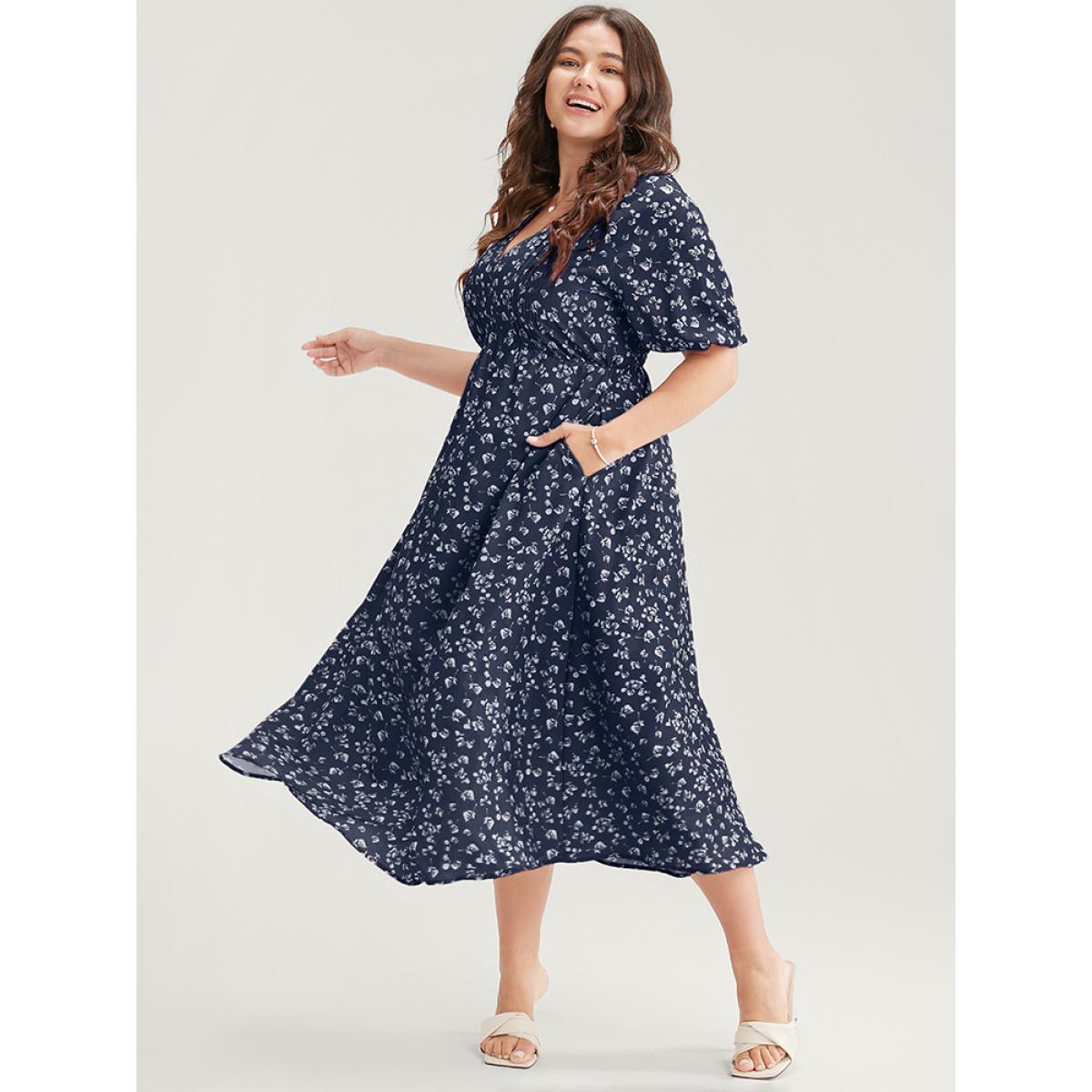 Plus Size Ditsy Floral Pleated Pocket Raglan Sleeve Ruffle Dress Navy Women Elegant Pocket V-neck Short sleeve Curvy Midi Dress BloomChic 22-24/3X Product Image