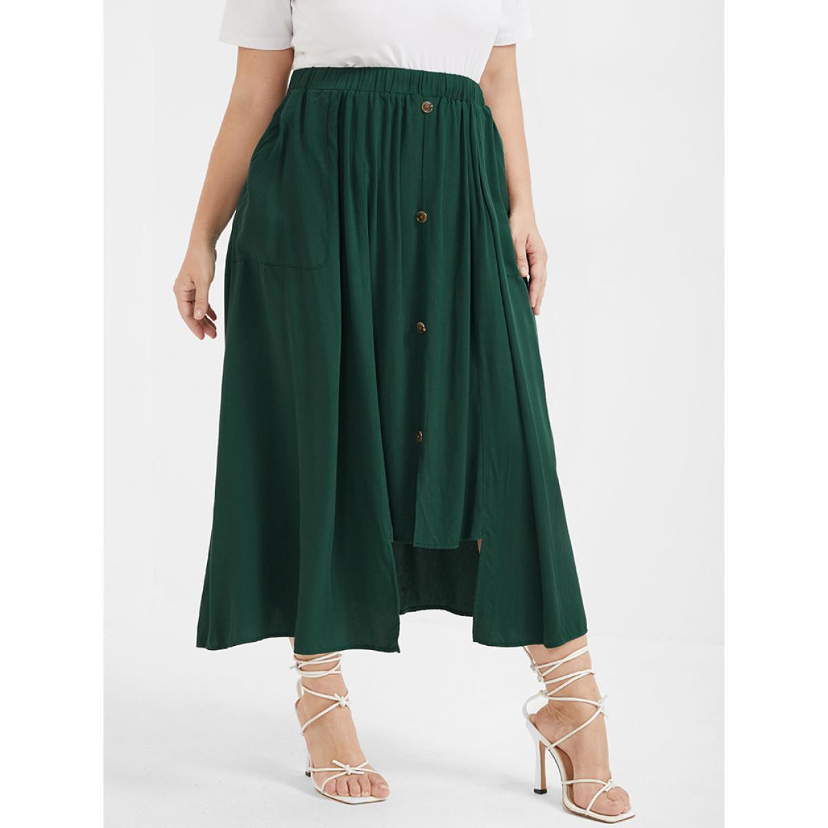 Plus Size Solid Button Ruffled Asymmetrical Hem Pocket Skirt Women ArmyGreen Casual Button No stretch Pocket Dailywear Skirts BloomChic 28/5X Product Image