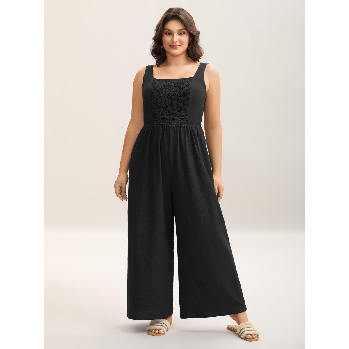 Plus Size Black Shirred Pockets Wide-Leg Plain Jumpsuit Women Sleeveless Non Vacation Loose Jumpsuits BloomChic 18-20/2X Product Image