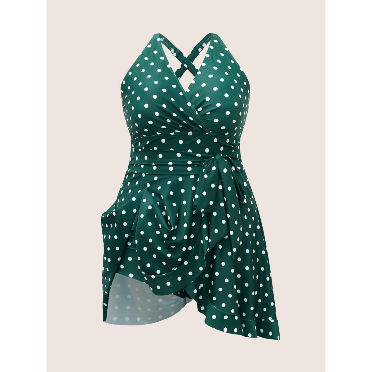Plus Size Overlap Collar Polka Dot Tie Knot Ruffles Swim Dress Women's Swimwear DarkGreen Beach Bodycon Overlap Collar High stretch Curve Swim Dresses BloomChic 12/L Product Image