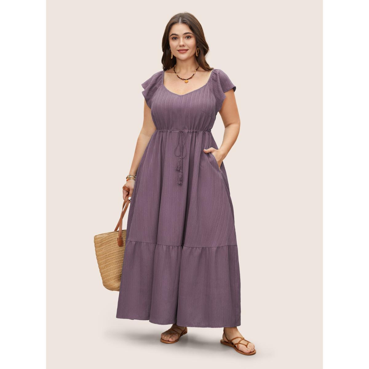 Plus Size Texture Drawstring Tie Knot Tassels Dress Mauve Women Resort Tie knot V-neck Cap Sleeve Curvy BloomChic 26/4X Product Image