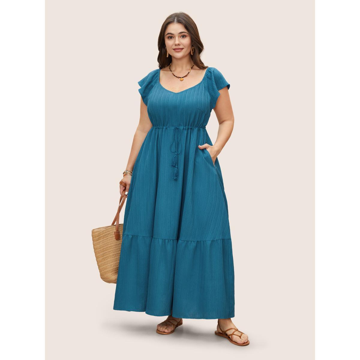 Plus Size Texture Drawstring Tie Knot Tassels Dress Cerulean Women Resort Tie knot V-neck Cap Sleeve Curvy BloomChic 28/5X Product Image