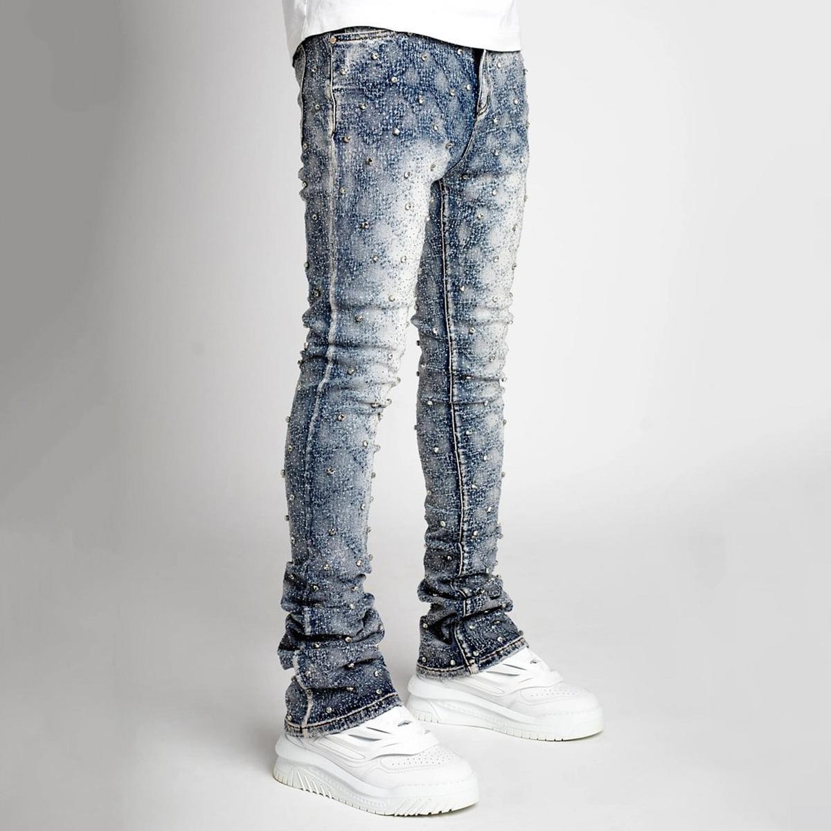 Hiphop Fashion Stretch Pearl Denim Layered Jeans Product Image