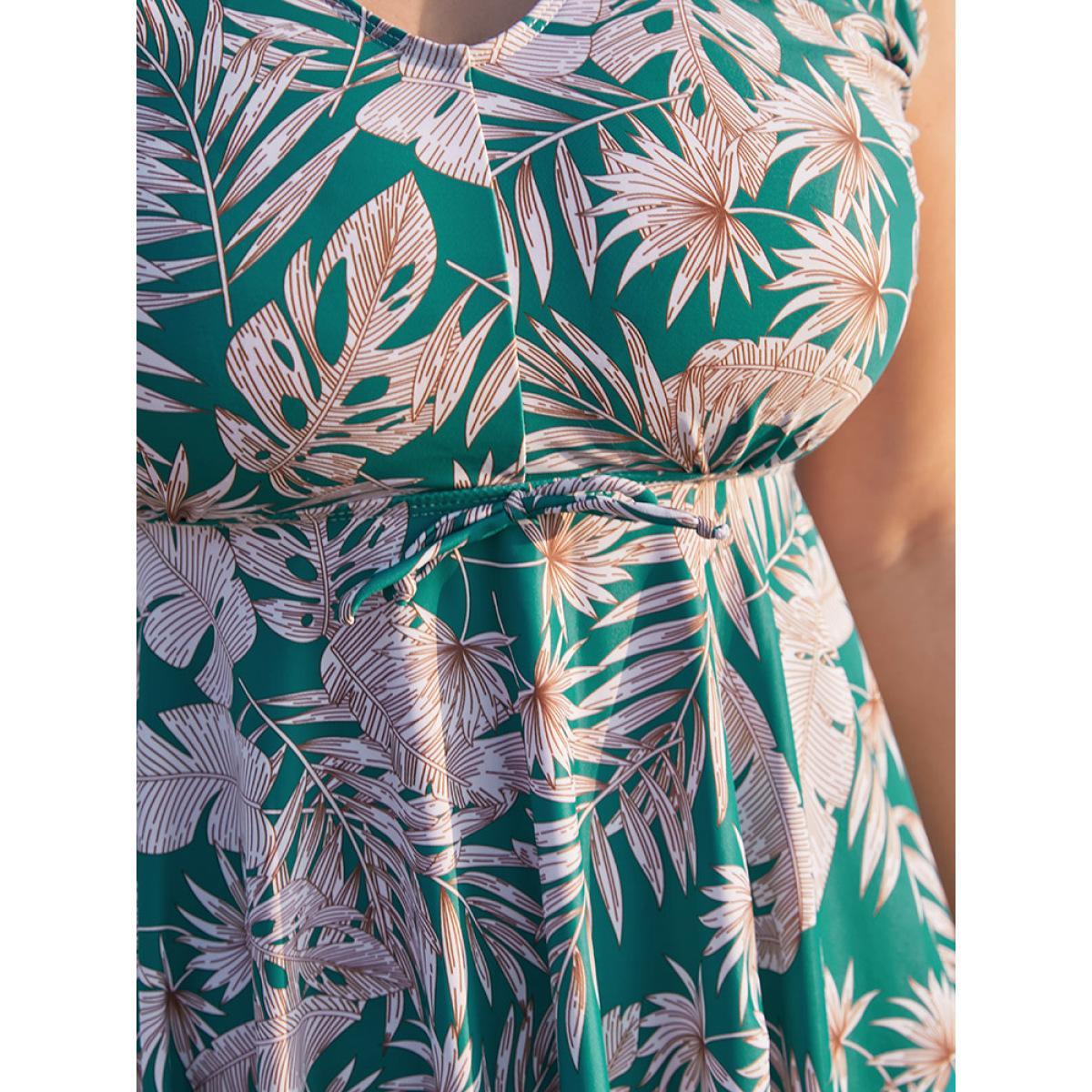Plus Size Plant Print Adjustable Straps Hanky Hem Tankini Top Women's Swimwear Mint Vacation Adjustable Straps High stretch Bodycon V-neck Curve Swim Tops BloomChic 10/M Product Image