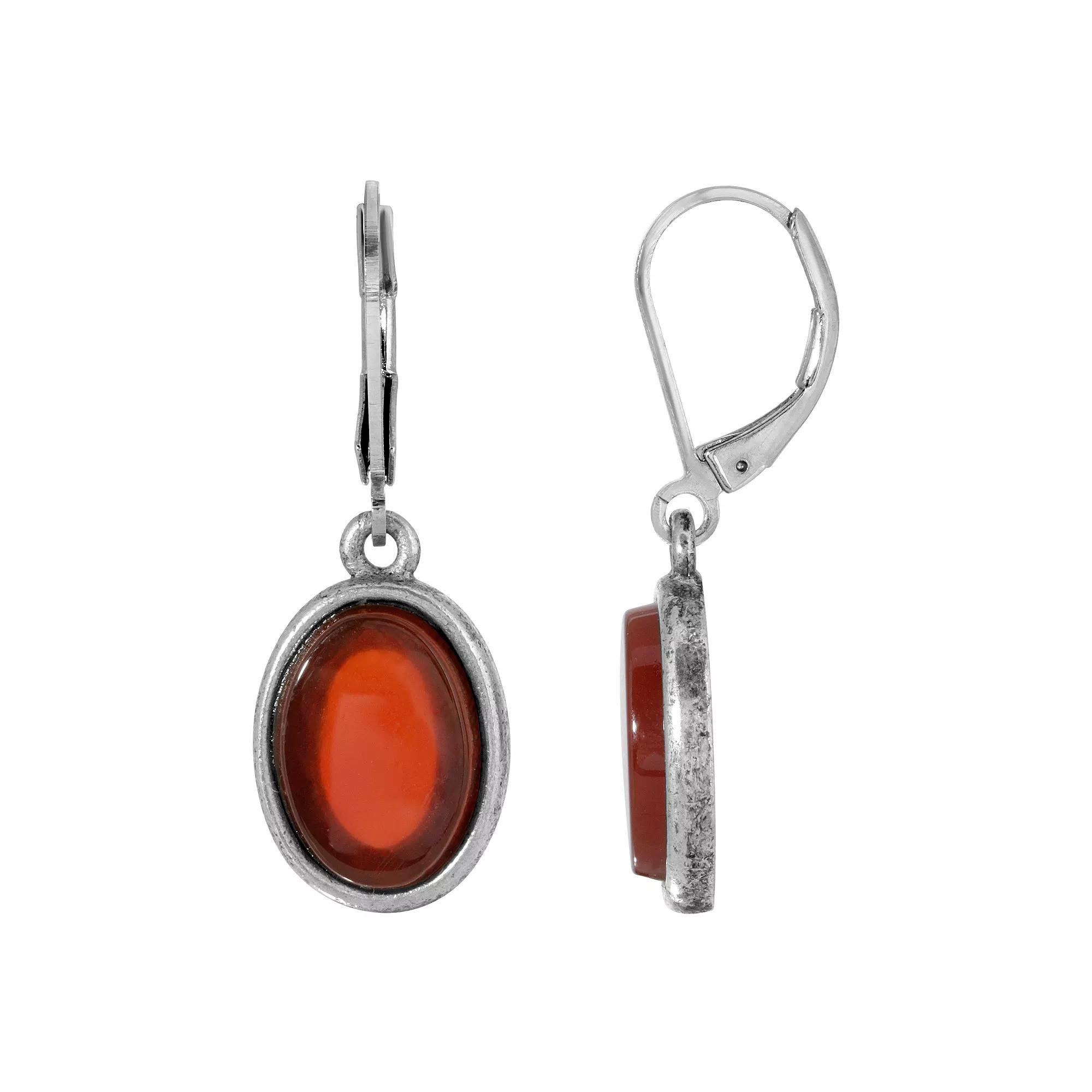 1928 Silver Tone Stone Oval Drop Earrings, Womens, Red Product Image