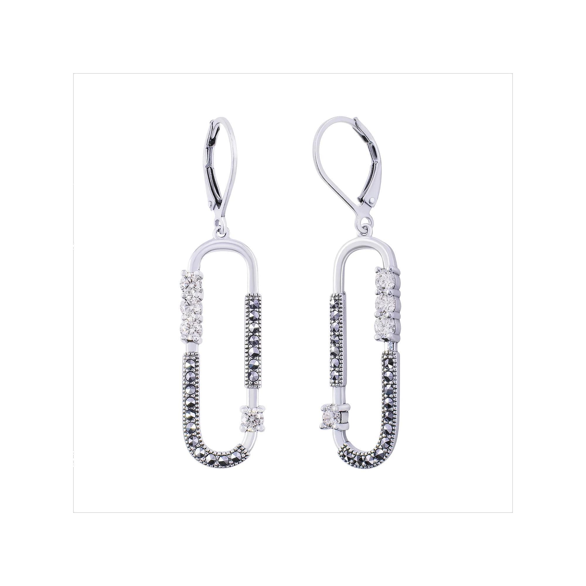 Lavish by TJM Sterling Silver Cubic Zirconia & Marcasite Long Open Oval Drop Earrings, Women's Product Image