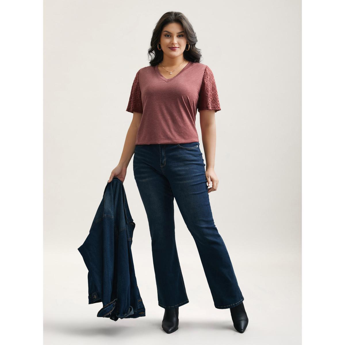 Plus Size Stretchy Flared Lace Sleeves T-Shirt Russet Women Elegant Patchwork V-neck Everyday T-shirts BloomChic 10/M Product Image