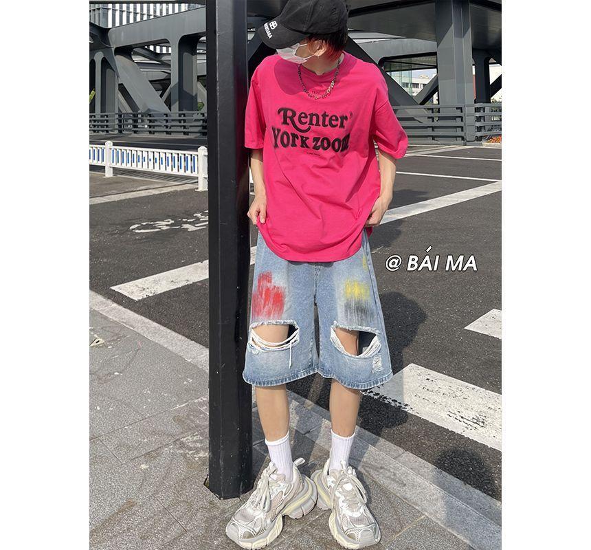 Mid Rise Printed Distressed Washed Denim Shorts Product Image